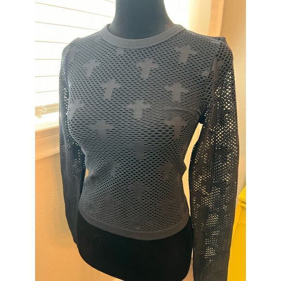 NWT FCT Basics stretch nylon,‎ spandex open knit, fishnet black cross top. Sz M - Picture 1 of 11